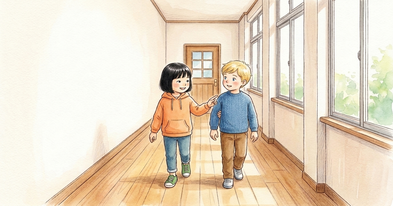学校の廊下で、子どもが初めて来た外国の友だちを図書室の方へ手で案内している。