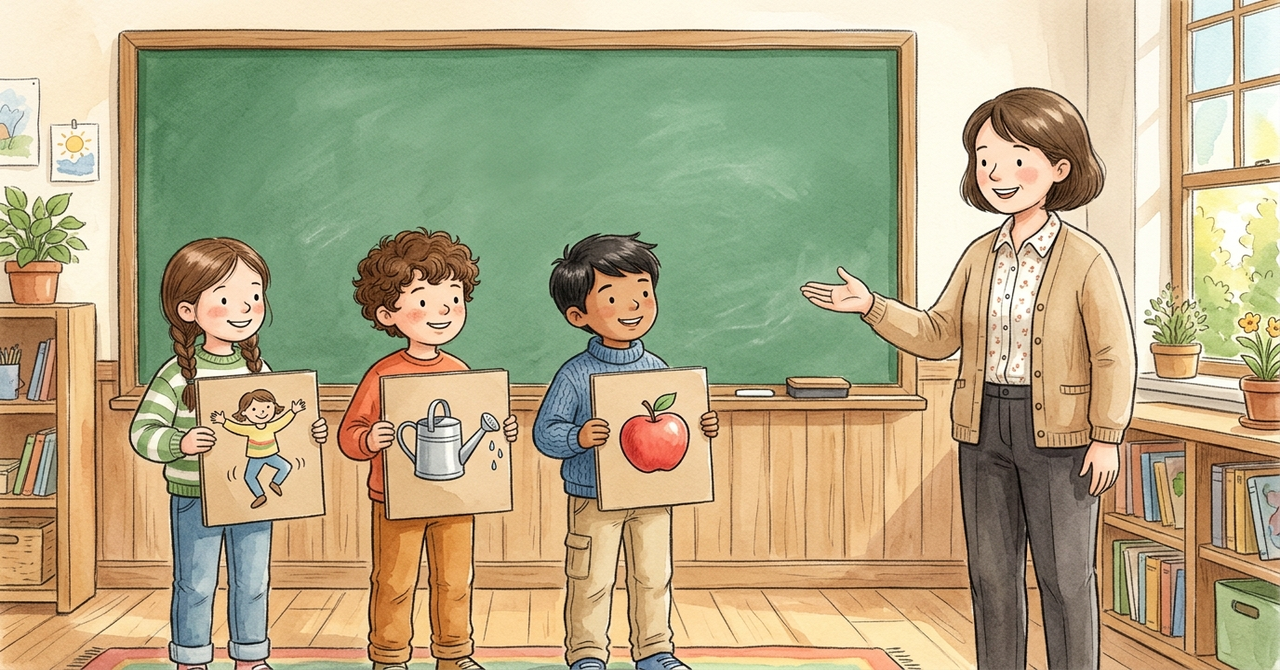 教室の前で、3人の子が役のカードを持って並び、先生が1人ずつ紹介している。