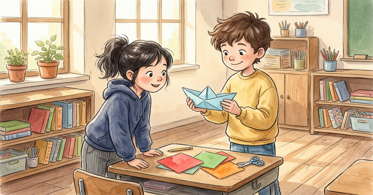 子どもが自分で折った紙の船を両手で持って、友だちに見せている。