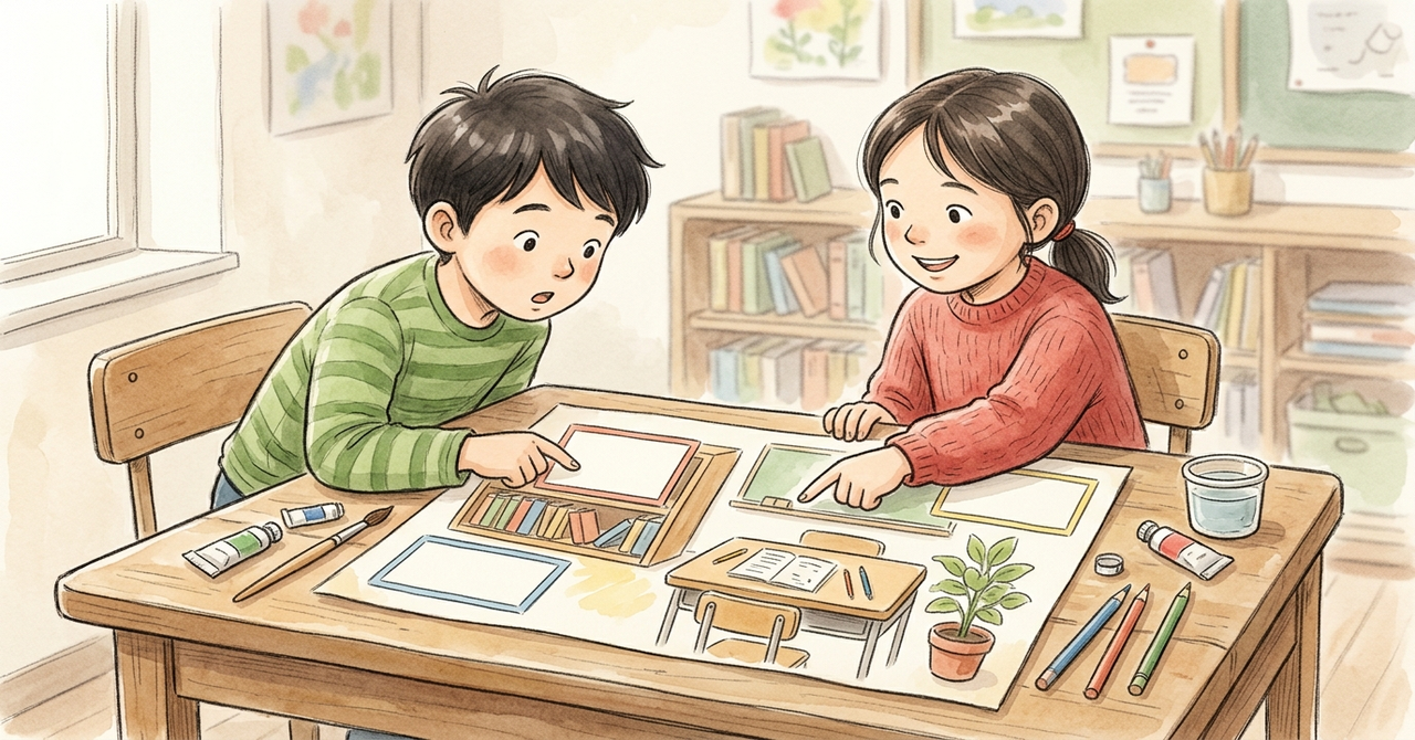 机で、2人が教室の紹介カードを作り、1人がたずね、もう1人が答えている。