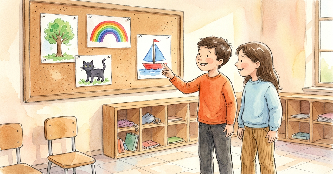 教室の後ろの壁に貼った子どもの絵を、2人が並んで見て、1人が指さしてうなずく。