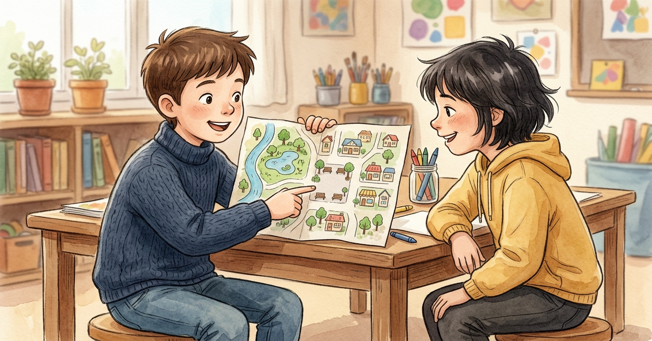 子どもが手描きの町の地図を広げて、友だちに指で示して話している。