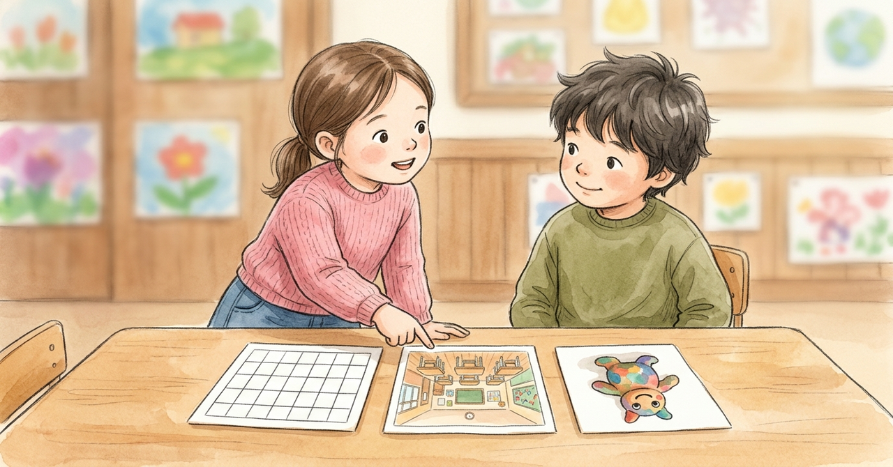 机に絵カードを並べ、女の子が友だちに指さして説明している。