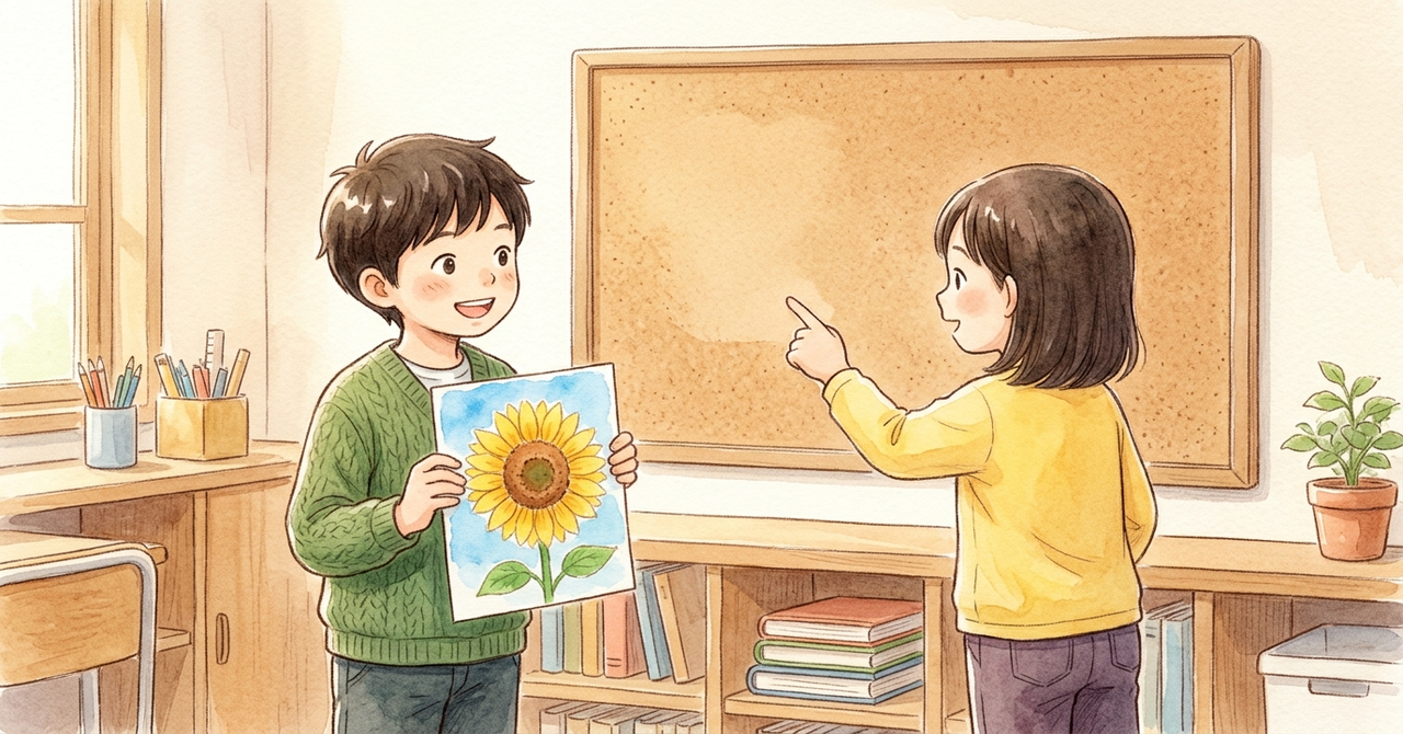 教室の壁の前で、1人が絵を両手で持ち、もう1人が貼る場所を手で示している。