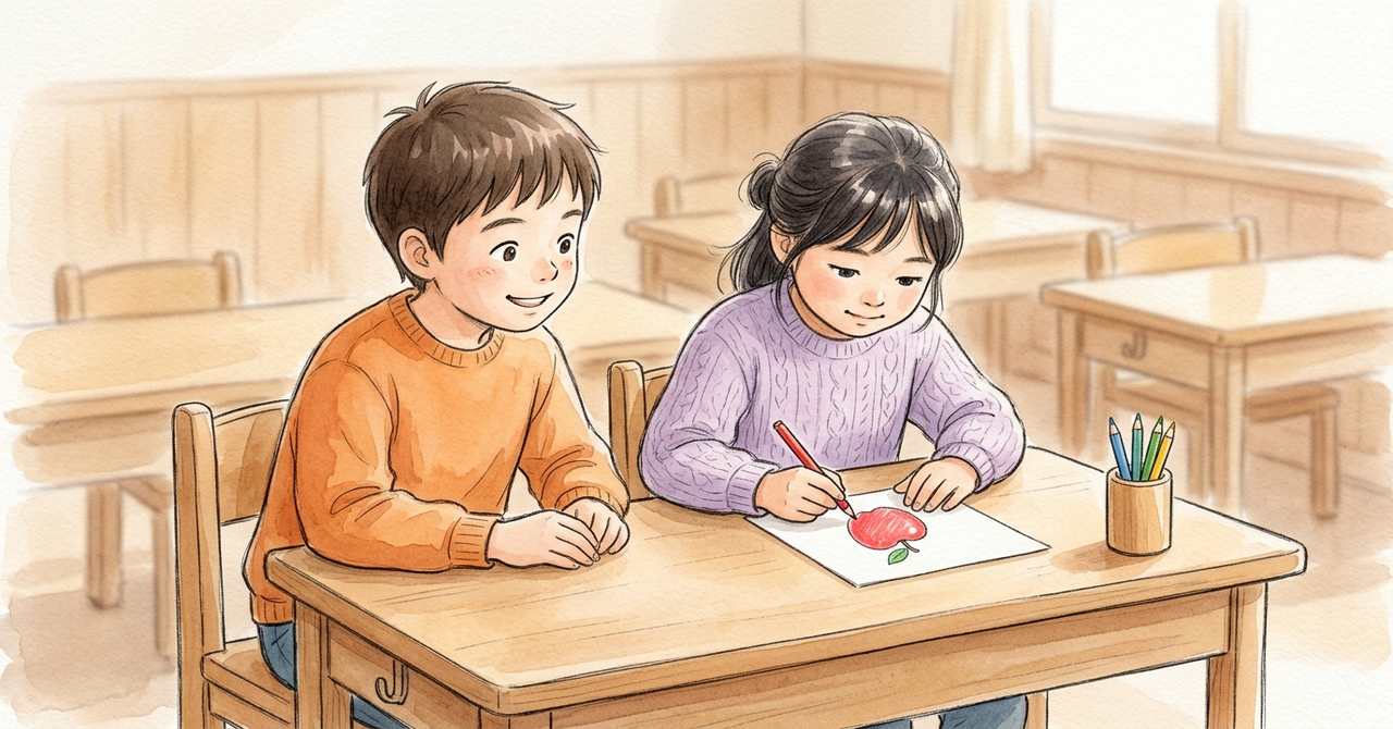 机で、女の子が自己紹介カードに鉛筆で書いている。友だちが自分のカードを持って待つ。