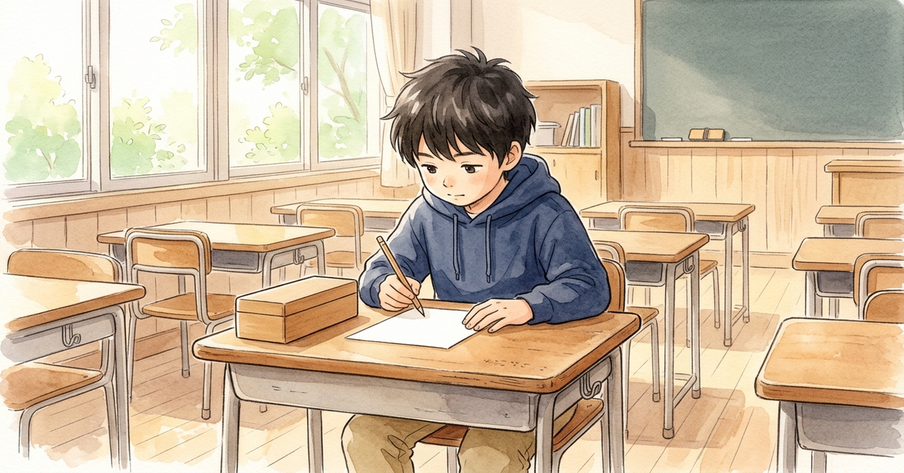 机の上の道具箱に、男の子が紹介の札を鉛筆で書いて添えている。