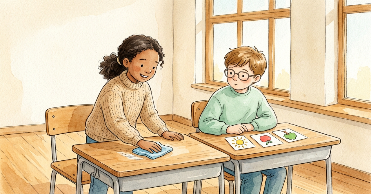 教室で、子どもがぞうきんで机を拭いている。そばで友だちが絵カード3枚を見比べている。