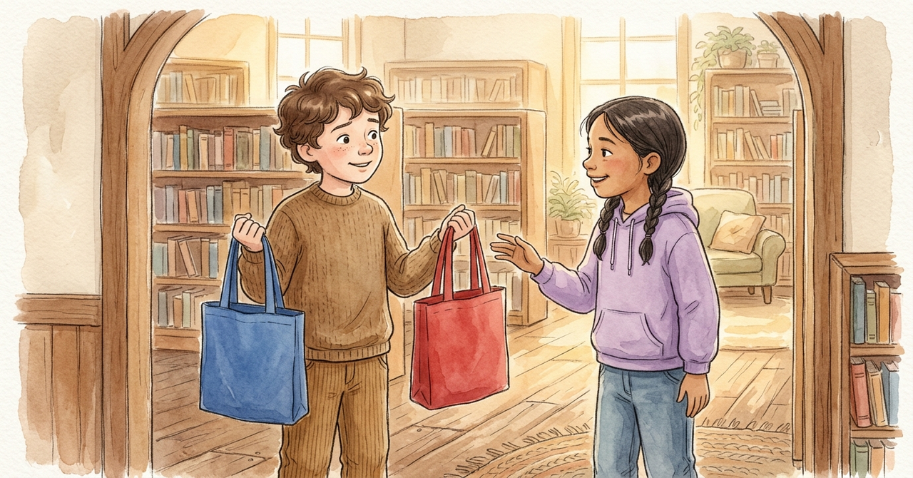 図書室の入口で、青い袋と赤い袋を手に持った子が、友だちとどちらを持っていくか話している。