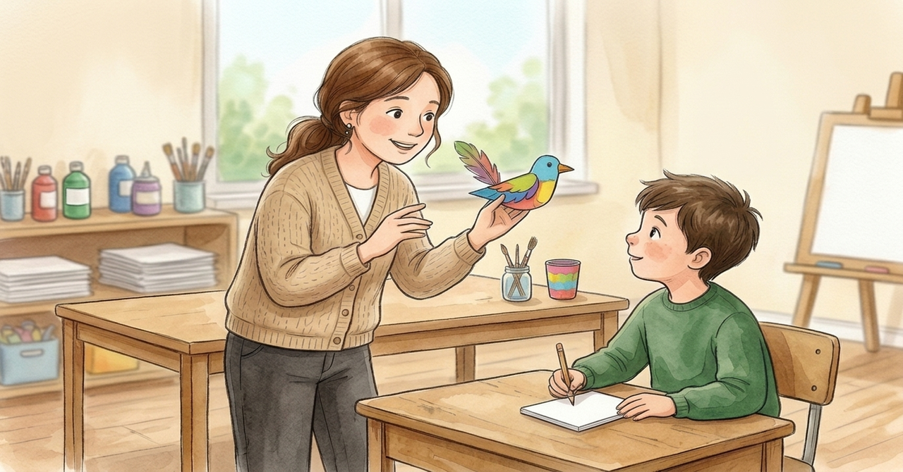 工作会の案内を聞きながら、子どもが無地のメモ用紙に鉛筆で書きとめている。先生が前で話す。