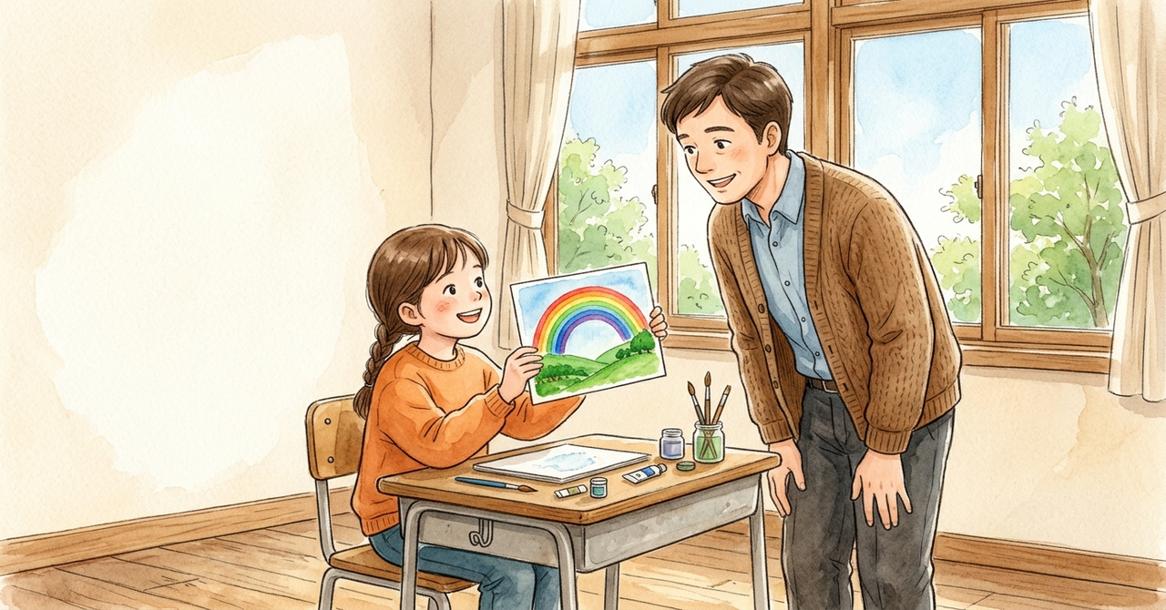 机で、子どもが作品カードを持ち、先生が隣で見ている。