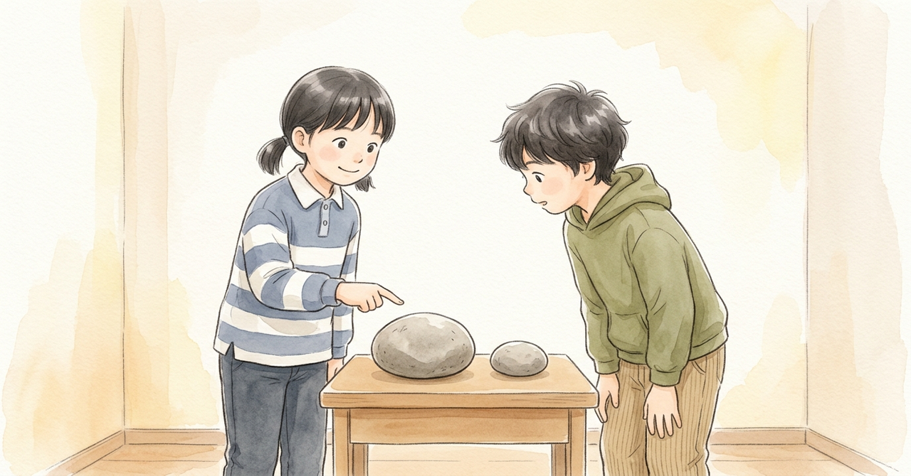 教室の小さな展示台に大きい石と小さい石が並び、子どもが大きい石を指さして紹介している。友だちが聞いている。