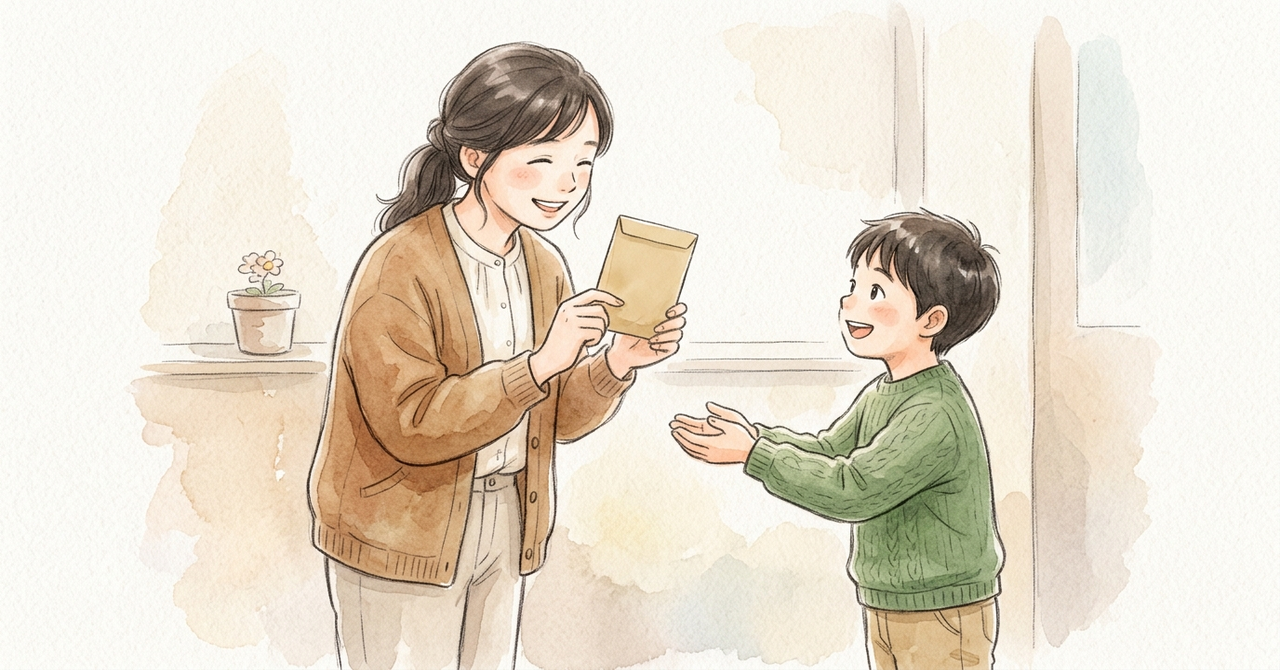 先生が種の袋を手に持って見せ、子どもが両手で受け取ろうとしている。