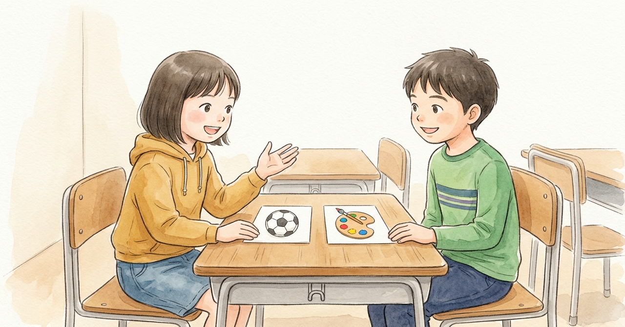 子どもが好きな活動の絵カードを順番に机に並べ、新しい友だちに見せている。