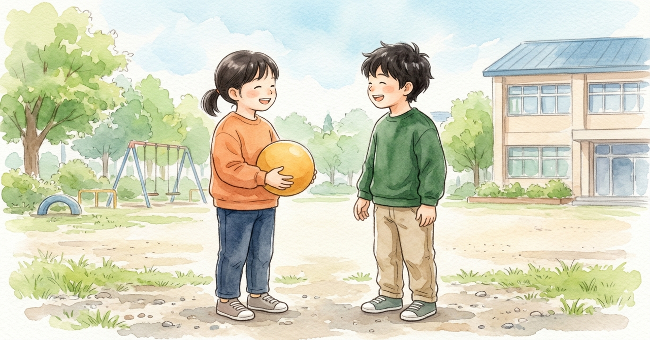 休み時間の校庭で、ボールを抱えた子と友だちが向かい合って楽しそうに話している。