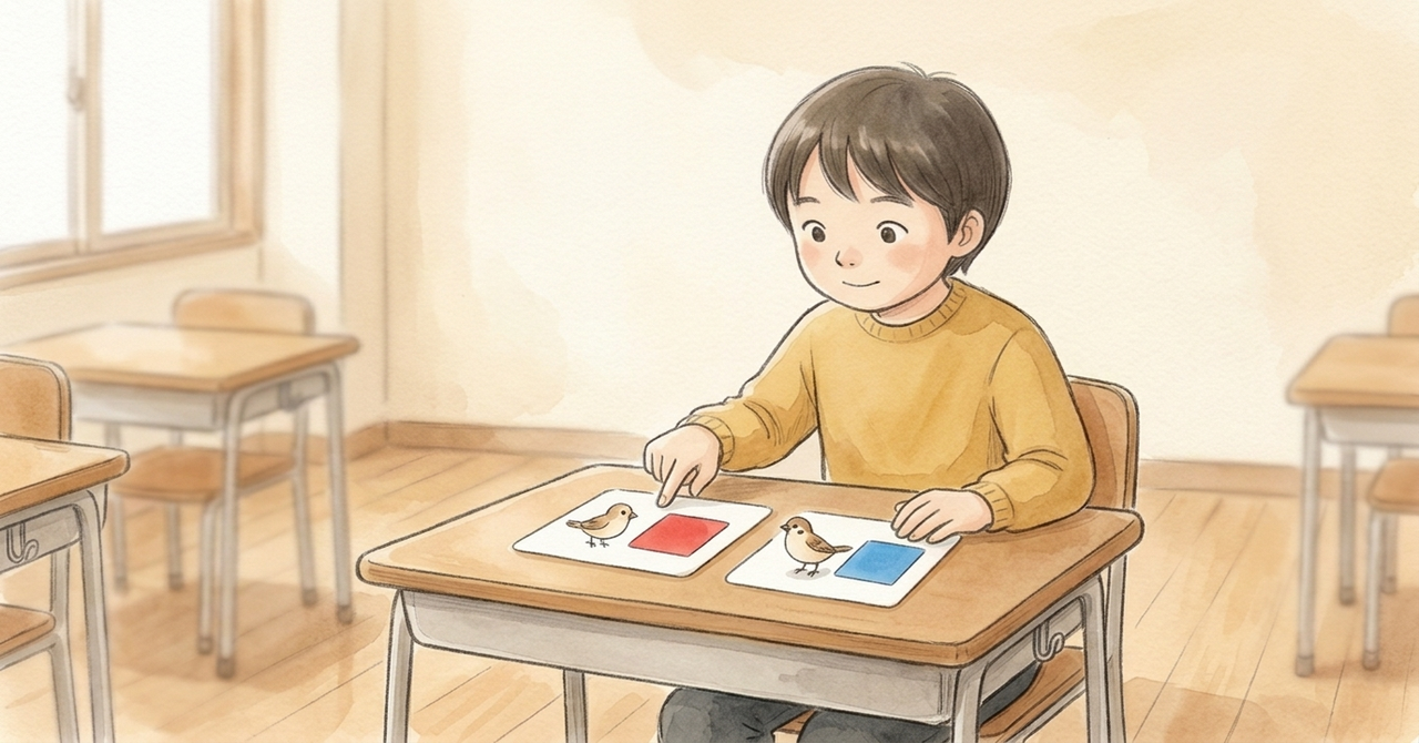 机に小鳥と赤い箱、小鳥と青い箱の絵カード2枚を並べ、子どもが1枚を指さしている。