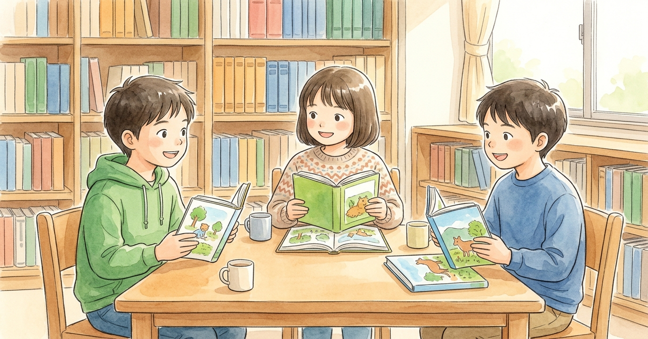 図書室の机で、3人がそれぞれ本を開いて持ち、感想を言い合っている。