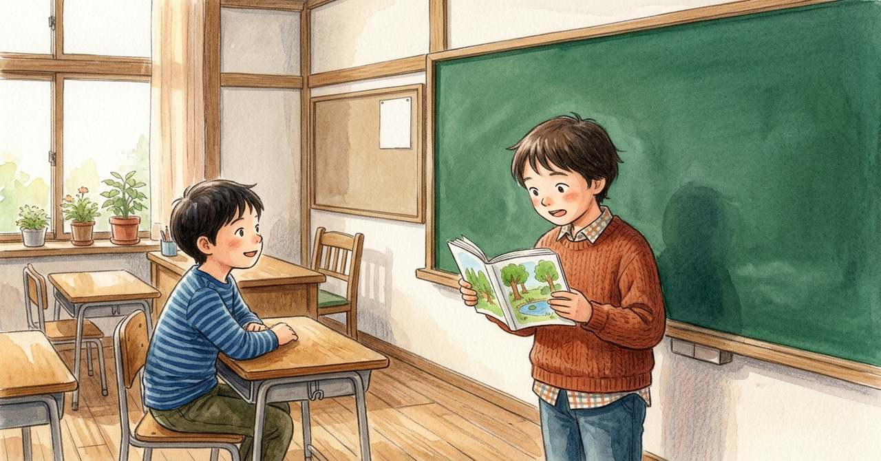 教室の前で、子どもが本を両手で持ち、間を取って朗読している。友だちが座って聞く。