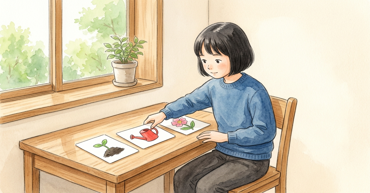 机に絵カード3枚を並べ、子どもが順番を指で入れ替えている。