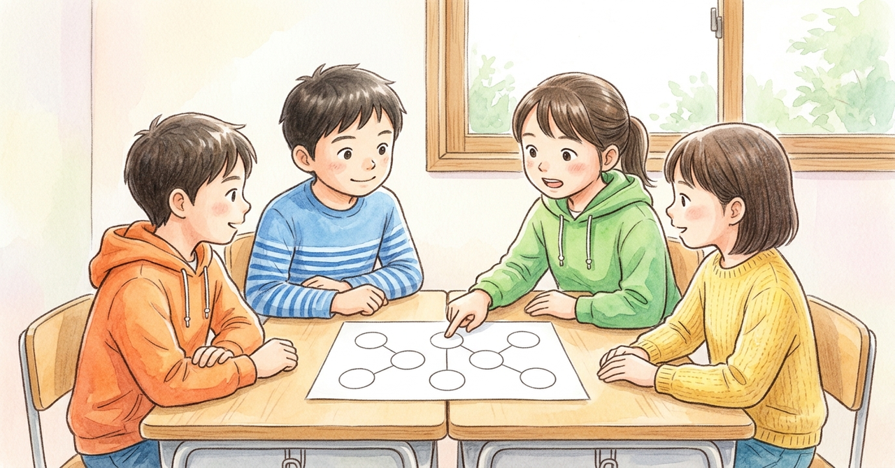 4人が机を囲み、1人が線で結んだ図を指して話している。