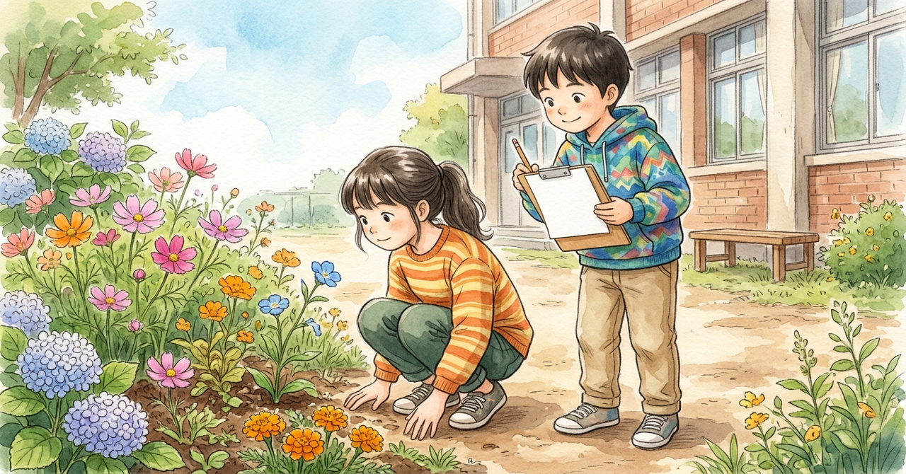 校庭の花壇の前で、子どもが観察し、もう1人が無地のメモに鉛筆で書いている。