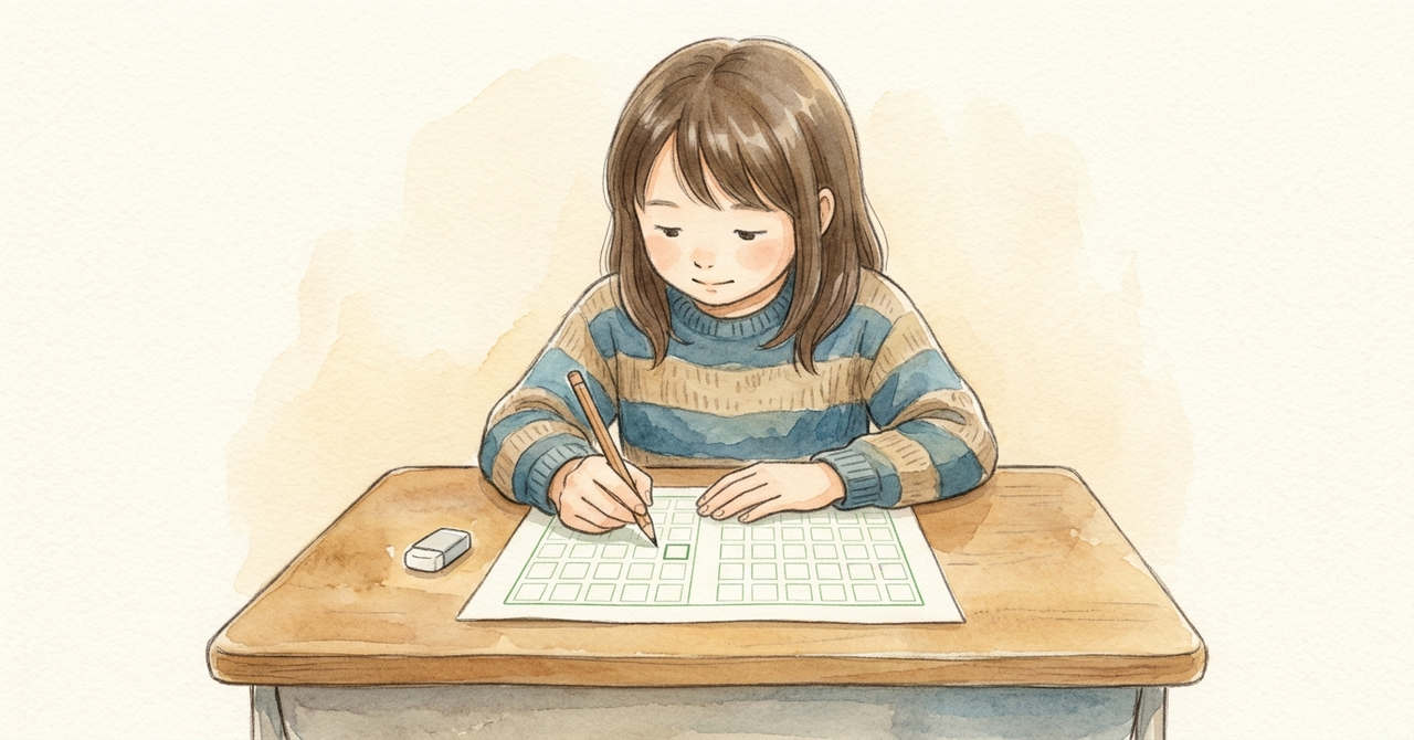 机で、子どもが無地の原稿用紙に鉛筆で書いている。