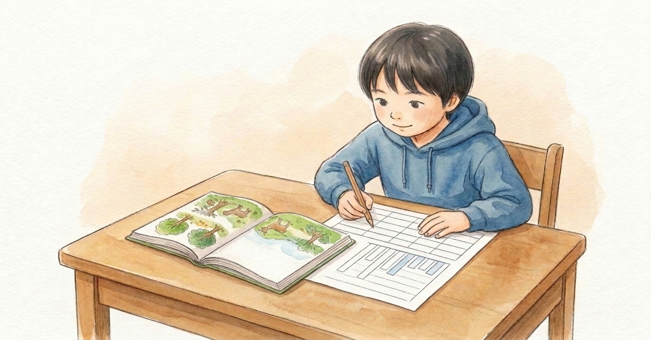 机に本と表の絵の紙を置き、子どもが鉛筆で書き足している。