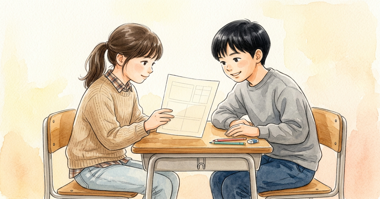 2人が机で下書きの紙を見せ合い、1人がうなずいている。