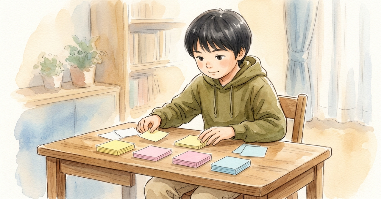 机で、子どもが無地の付せんを3つの山に分けて並べている。