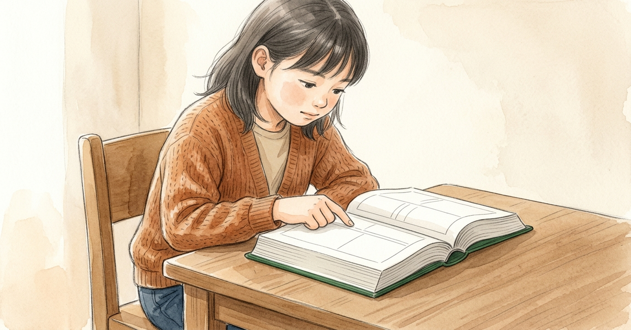 机で、子どもが国語辞典を開いて指でたどる。