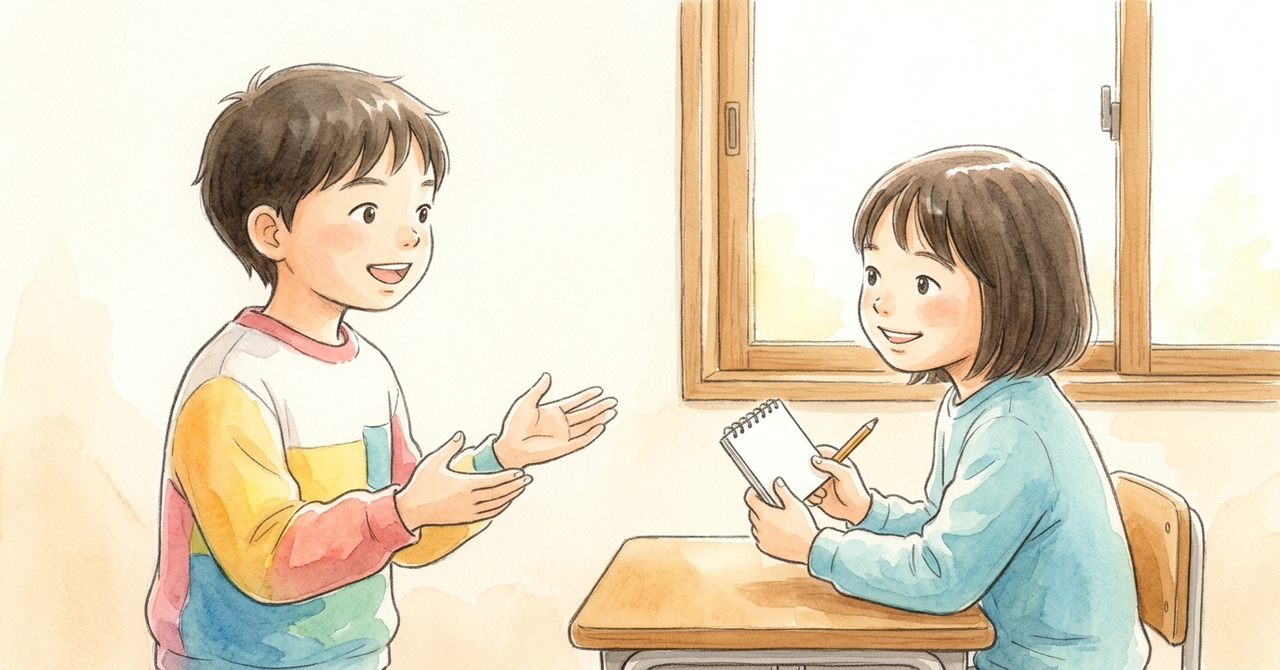 教室で、1人が話し、もう1人がうなずきながら聞いて無地のメモを持つ。