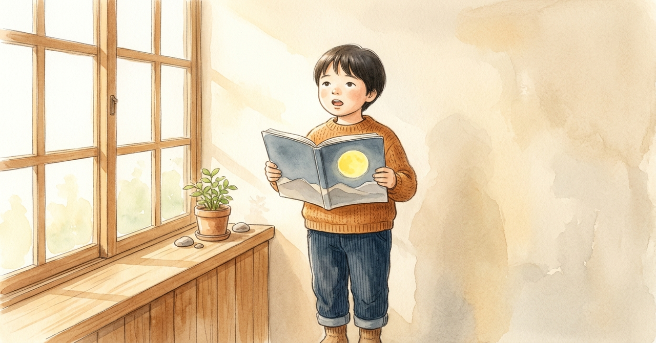 教室の窓辺で、子どもが本を両手で持ち、声に出して読む。