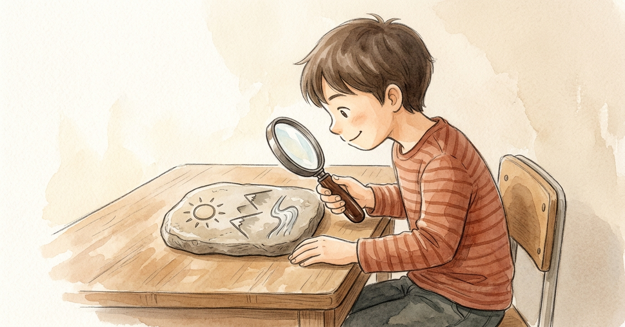 机で、子どもが石や木に刻んだ形の絵を虫めがねで見ている。