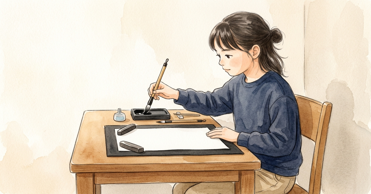 書写の時間。子どもが半紙の前で筆を持ち、すずりに筆先をつける。