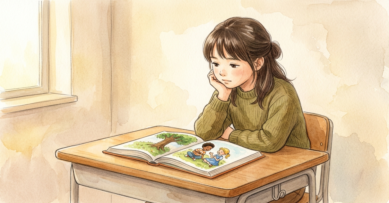 教室で、子どもが本を開いて考えている。