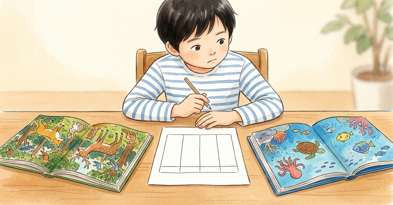 机で、子どもが本2冊と表の絵の紙を並べて見比べる。