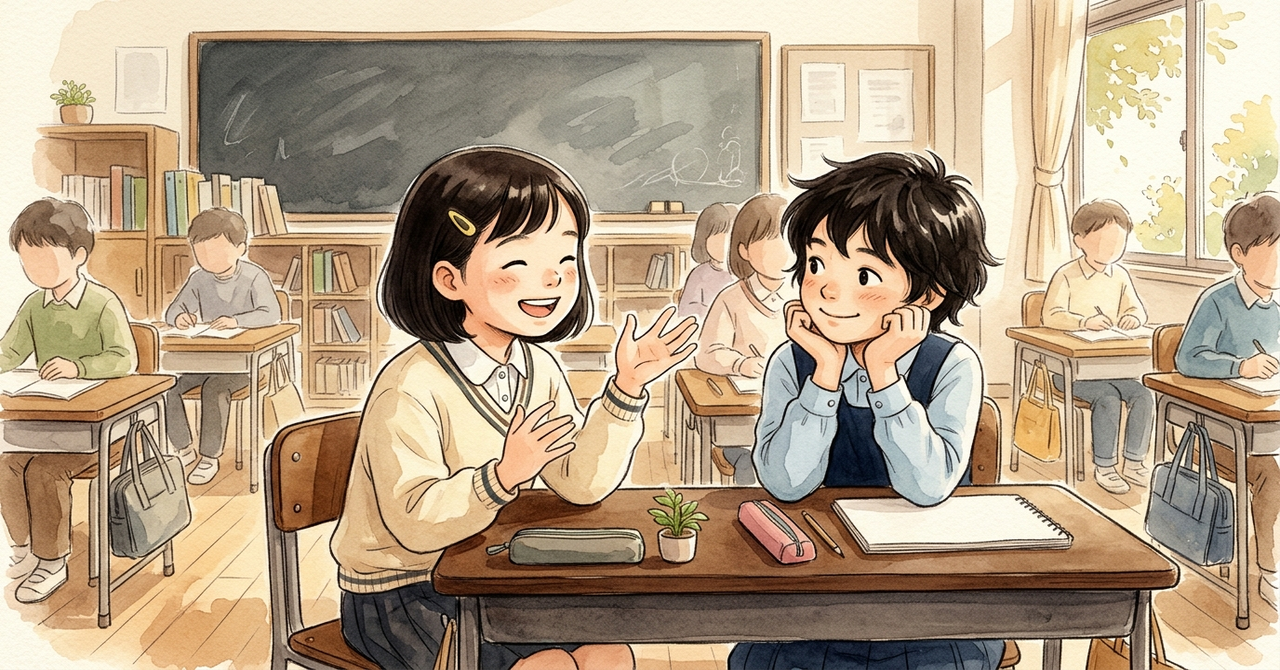 友だちに自分の好きなことを身振りを交えて話している小学生と、頬づえをついて聞いている友だち