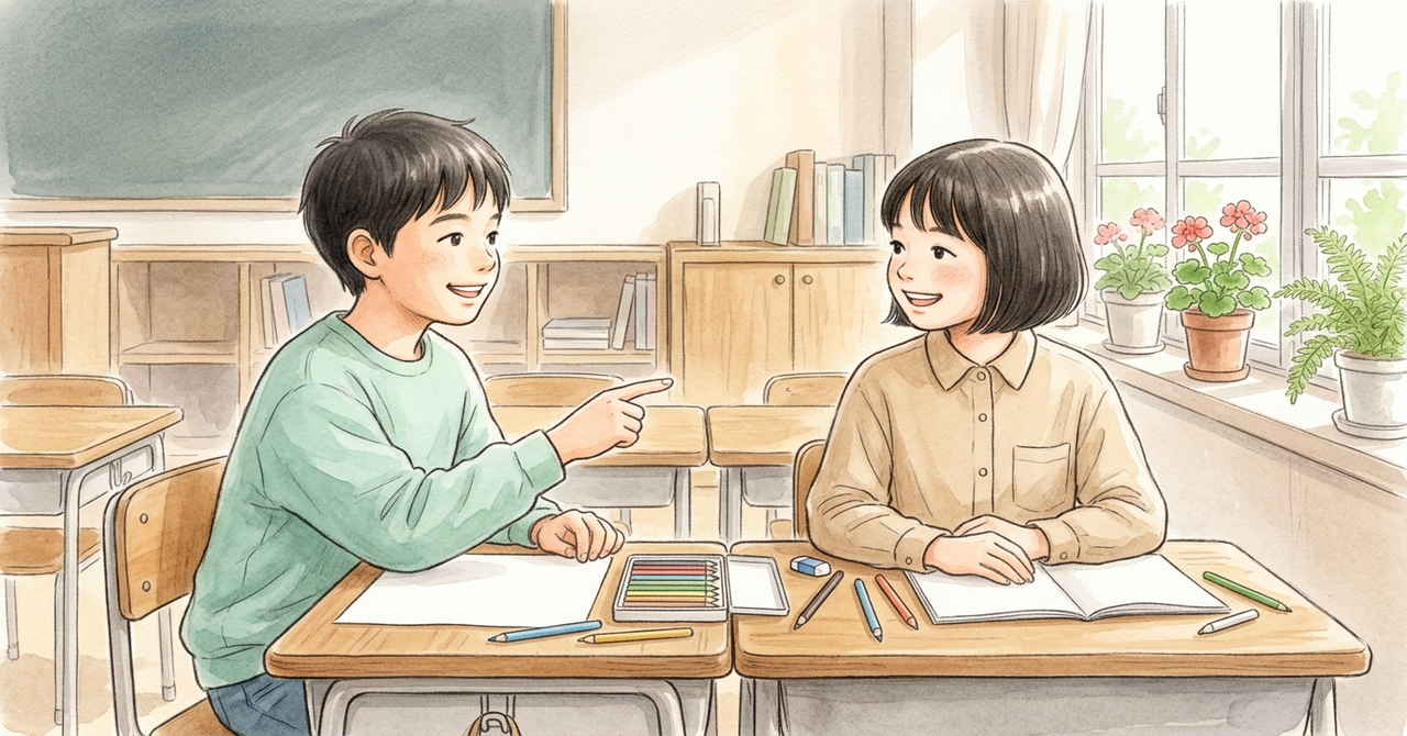友だちに指さして話している小学生と、机の上の絵の道具