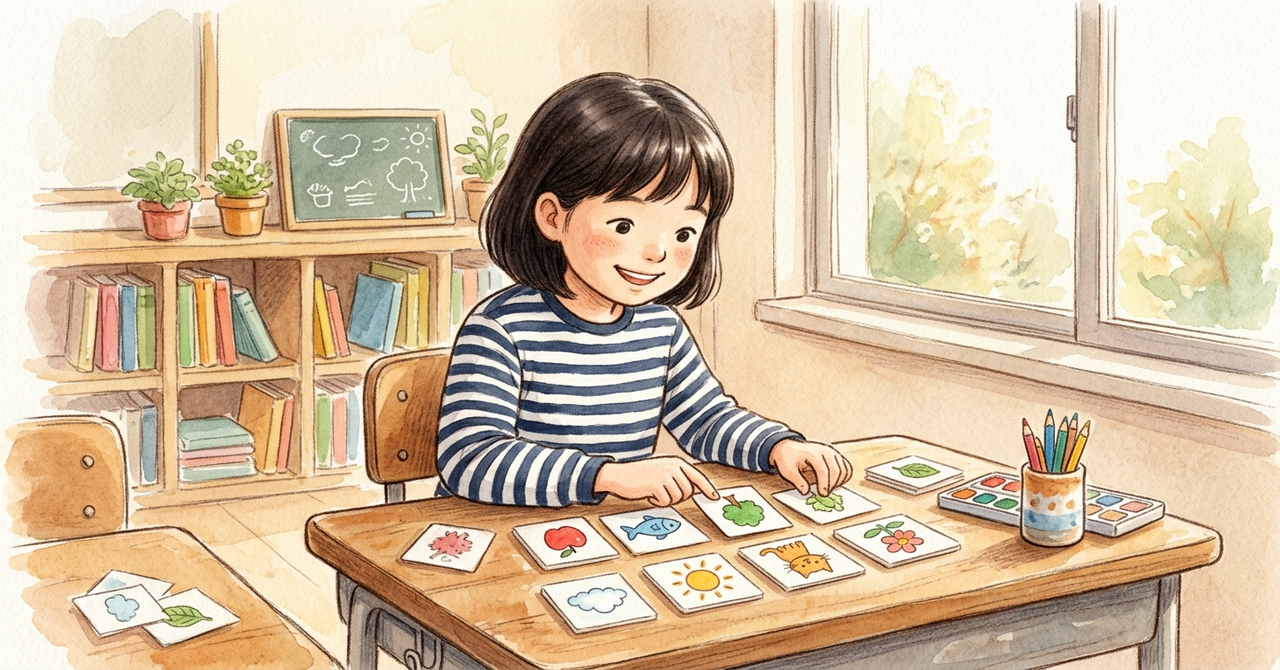単語の絵カードを机に並べている小学生