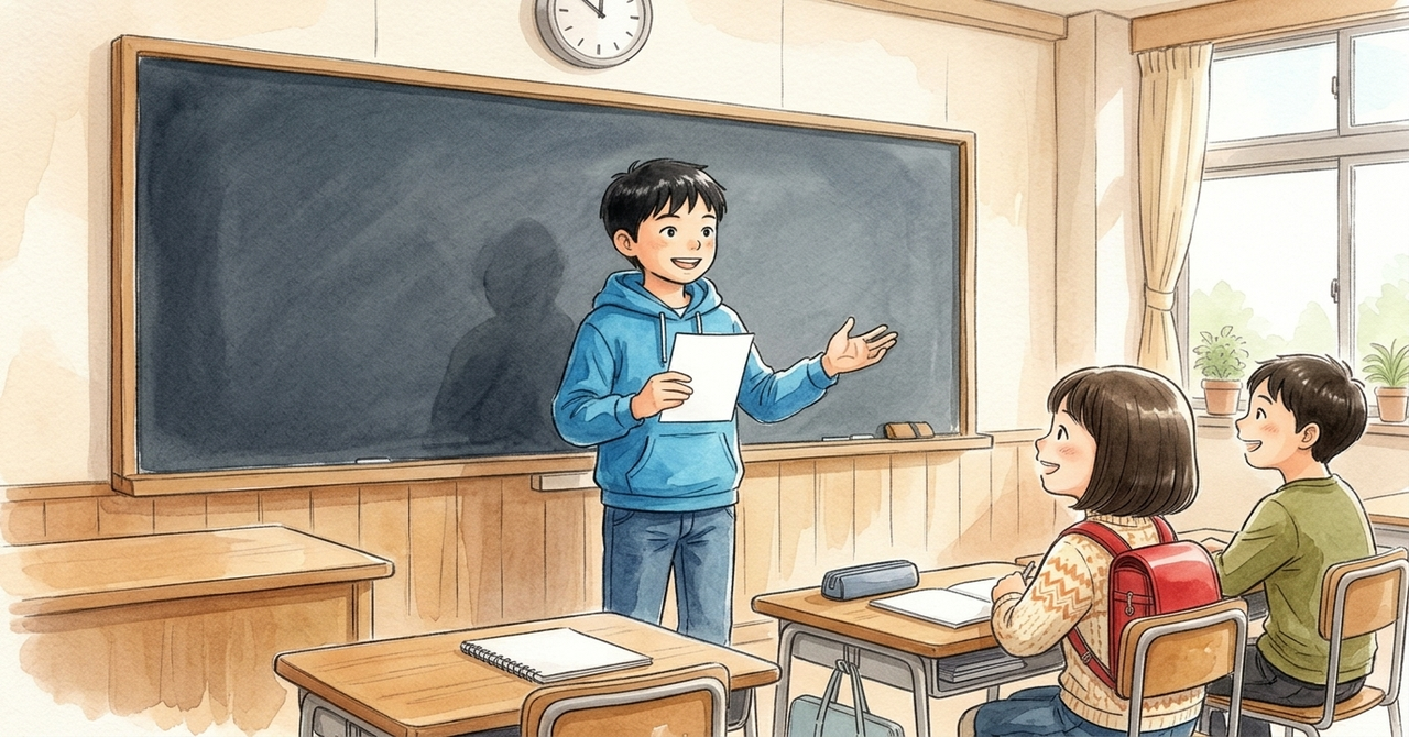 教室の黒板の前で紙を持って発表している男子と、聞いている友だち