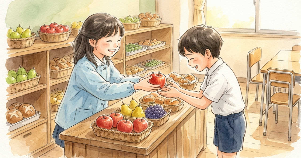お店ごっこで、友だちにりんごを渡している小学生