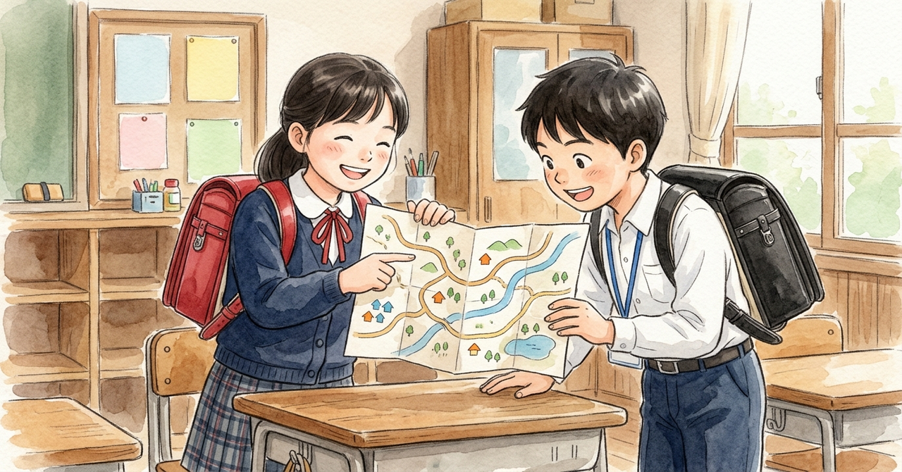 友だちと一緒に地図の紙を見て、指さして話している小学生