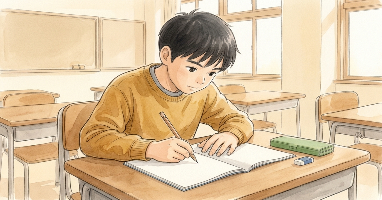 ノートに鉛筆で書き写している男子