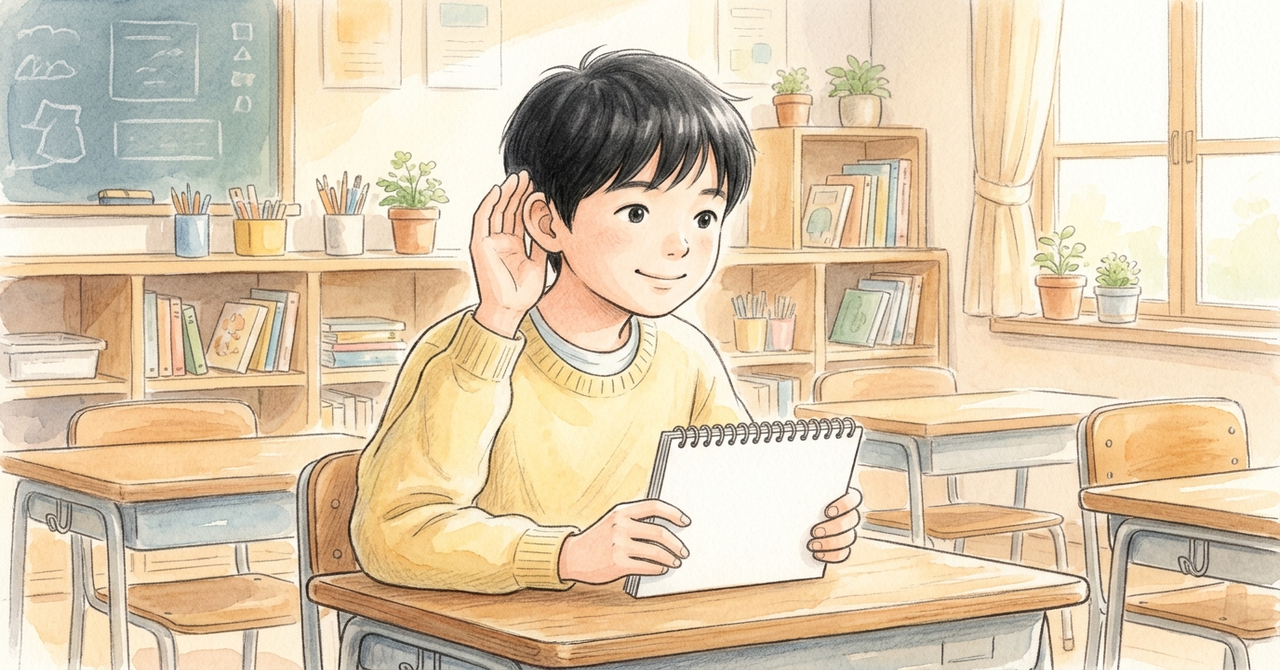 耳に手を添えて、メモ帳を持って聞いている小学生