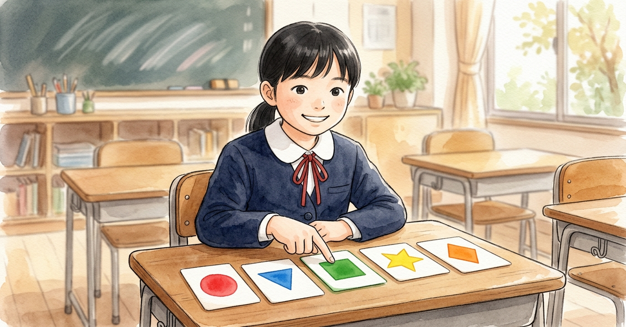 机の上の図形カードを指さしている小学生
