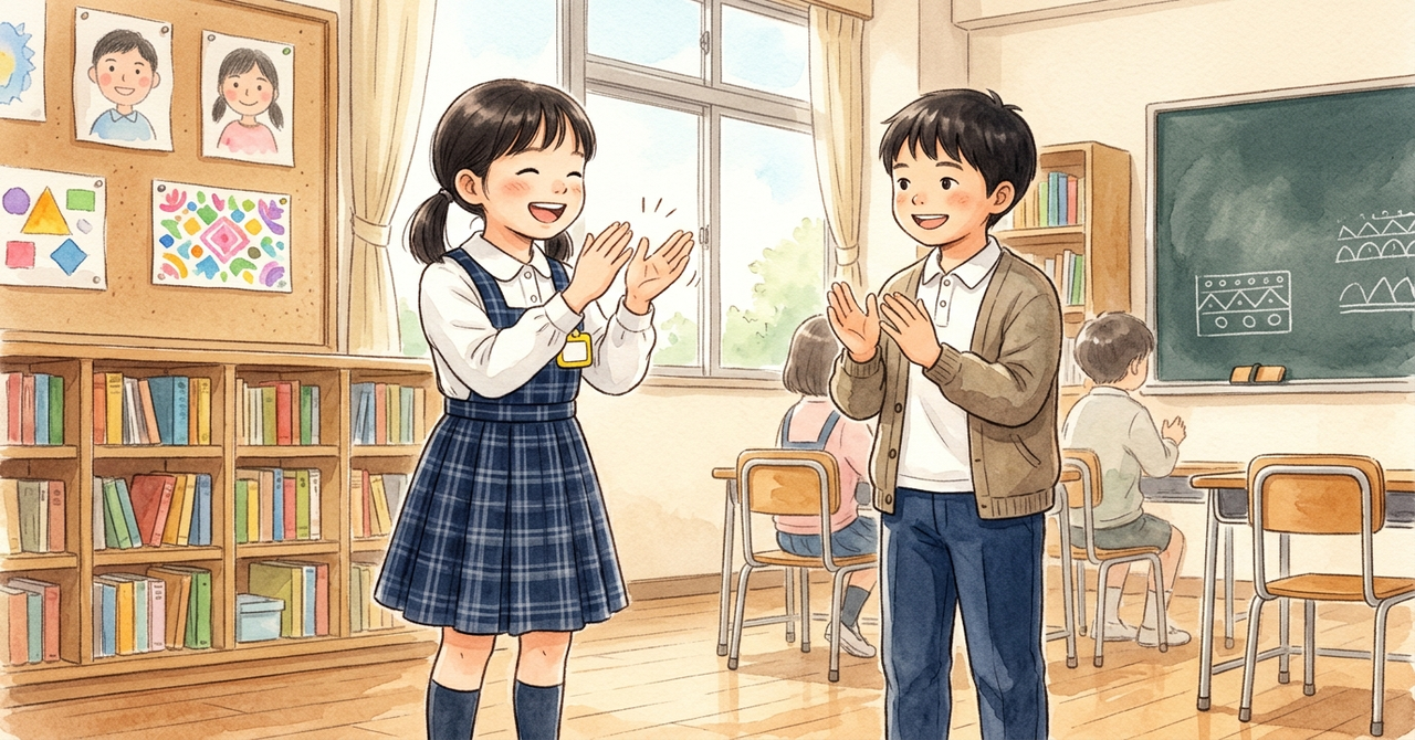 友だちと向かい合って、手を叩いて拍を取っている小学生