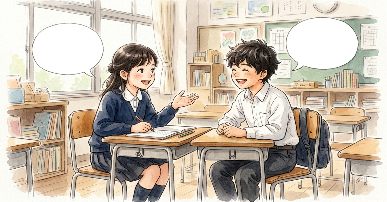 友だちと向かい合って、相手の返事を聞きながら話している小学生