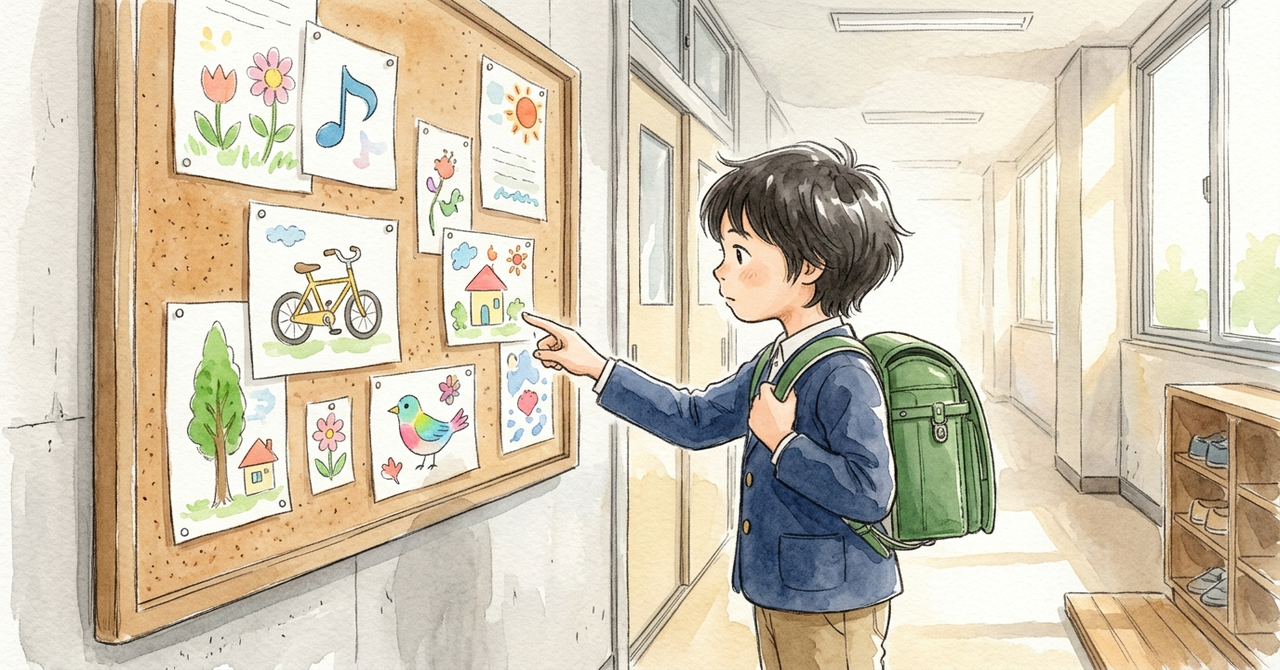掲示板の絵を指さして探している小学生