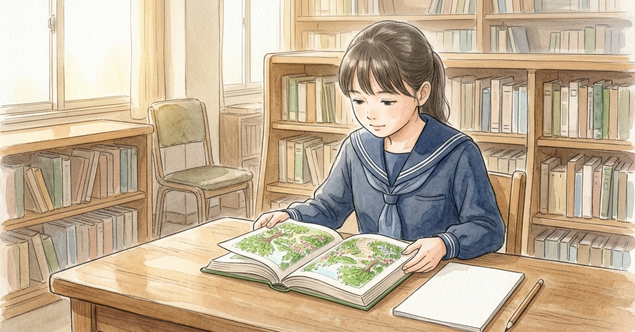 図書室で、中学生が本を読み、横に無地のメモと鉛筆。
