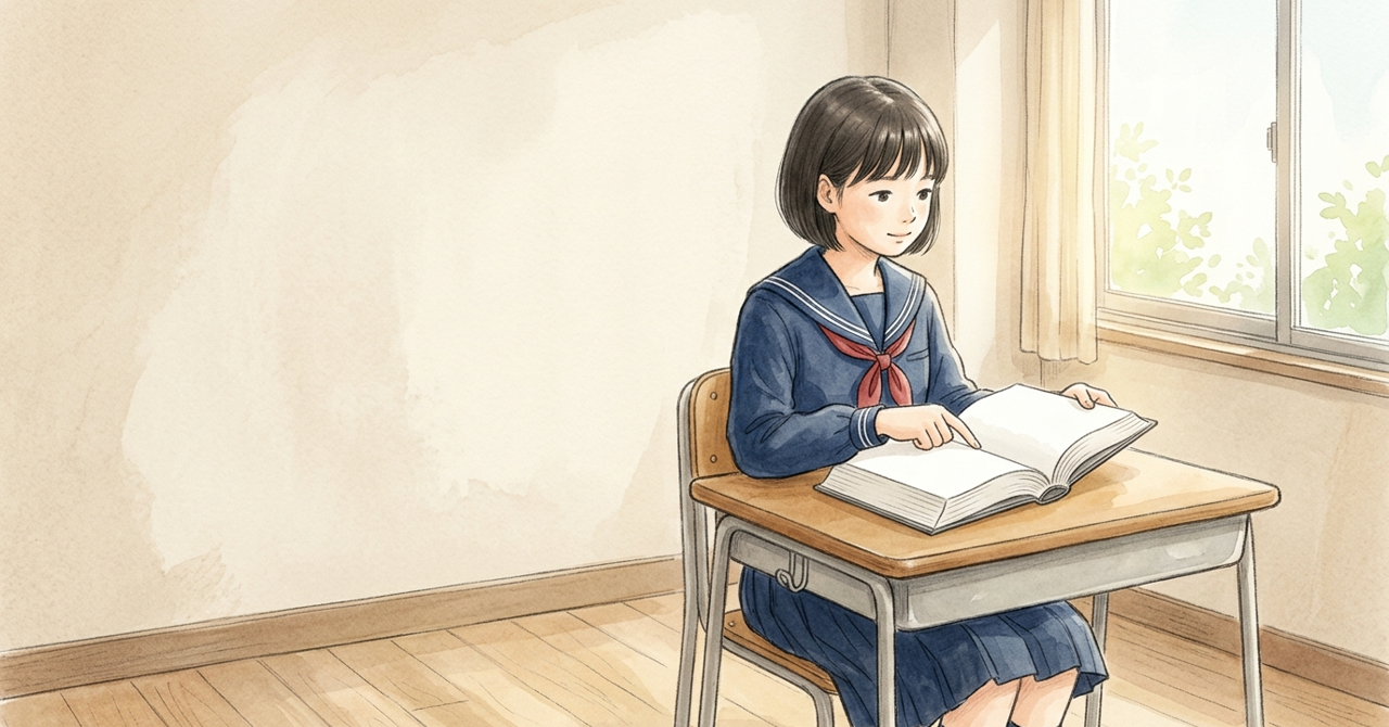 机で、中学生が辞書を開き、指で行をたどる。