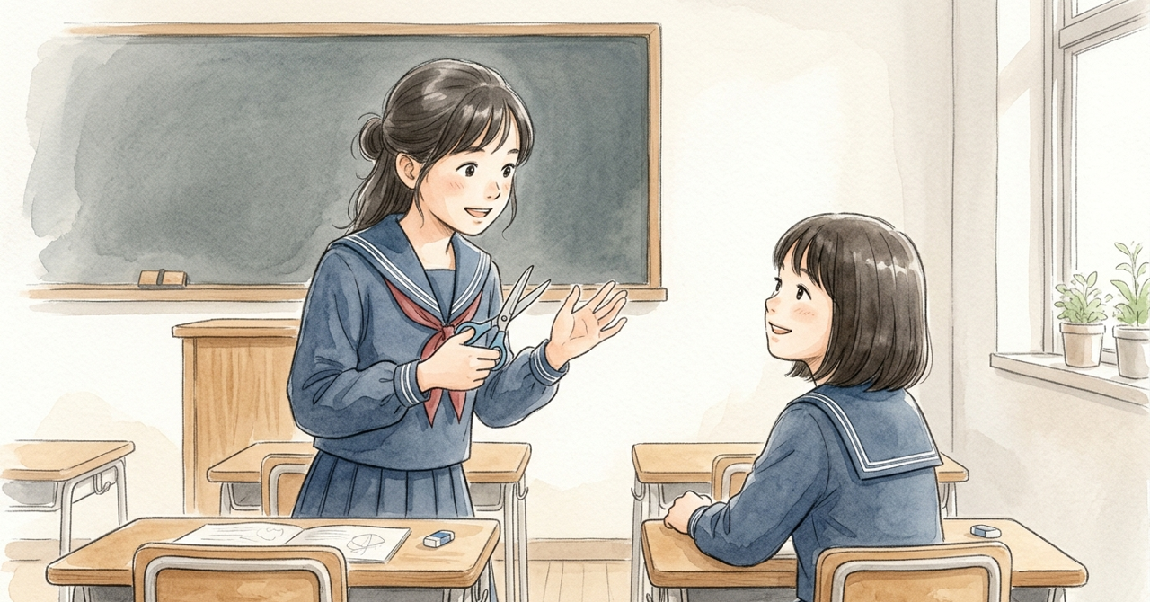 教室で、1人が道具を手に持って説明し、もう1人がうなずいて聞く。